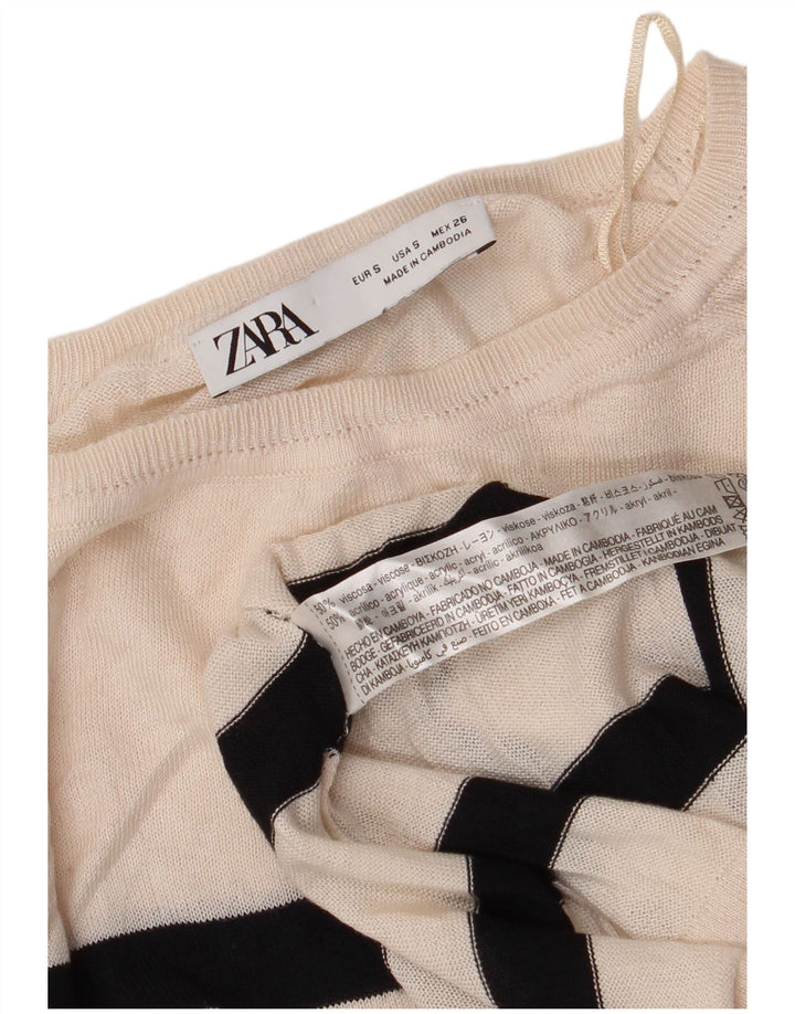 ZARA Maglione Corto da Donna con Scollo a Barca UK 10 Piccolo a Righe Bianco Sporco