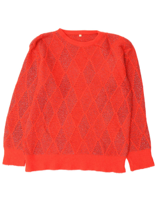 Maglione maglione girocollo da donna vintage UK 10 piccolo rosso a rombi/diamante