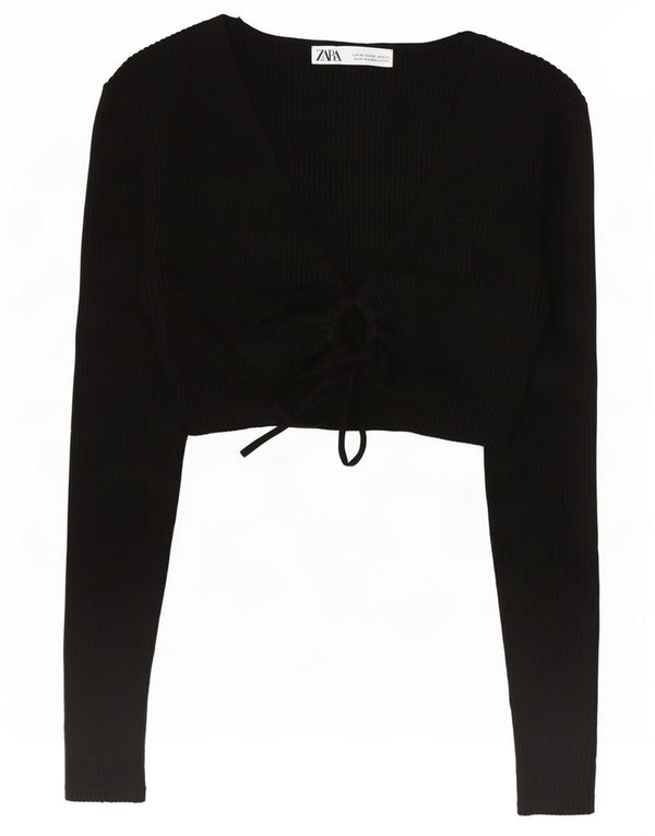 Top corto a maniche lunghe da donna Zara UK 12 viscosa nera media