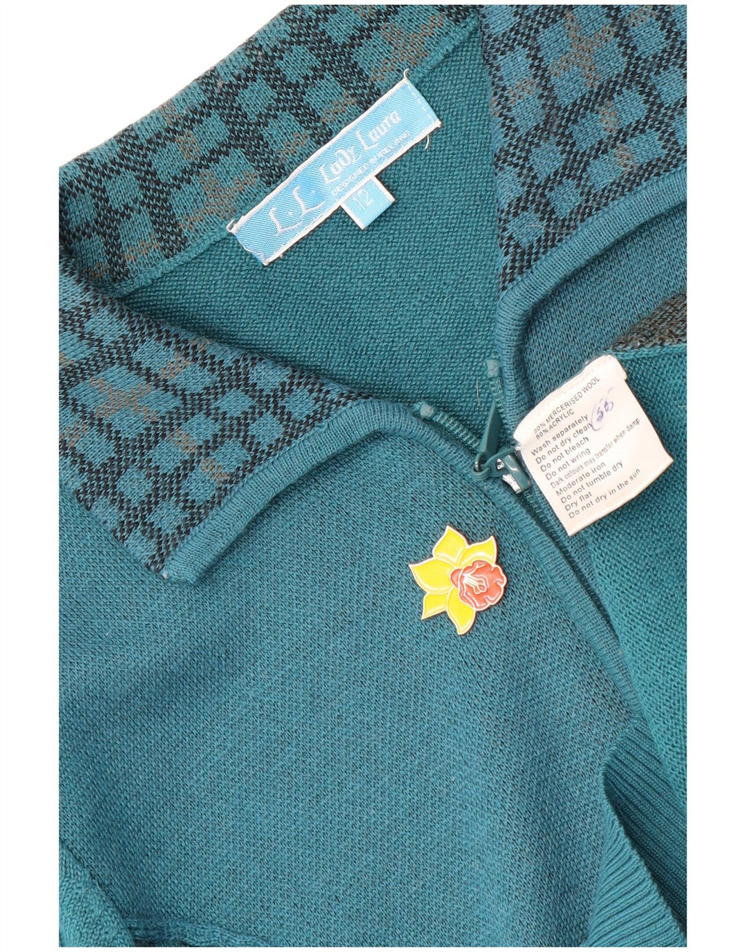 Maglione cardigan con zip intera da donna vintage UK 12 controllo blu medio