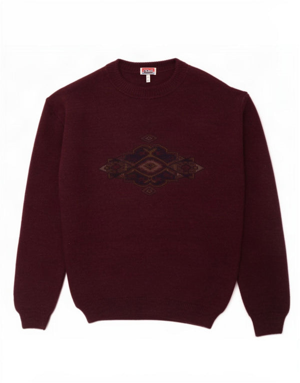 Maglione maglione girocollo da uomo vintage IT 52 grande lana geometrica bordeaux