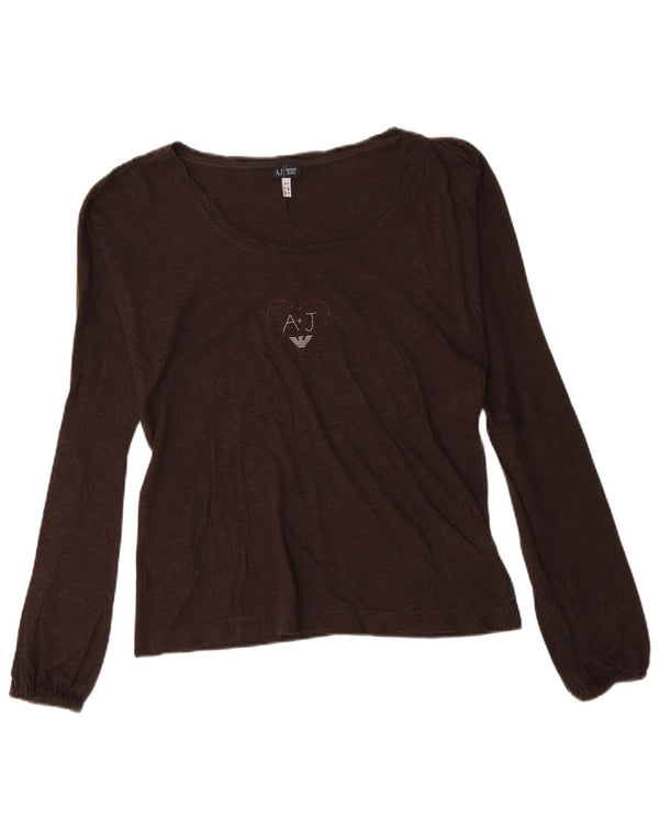 Armani Jeans Top grafico da donna manica lunga UK 16 grande cotone marrone
