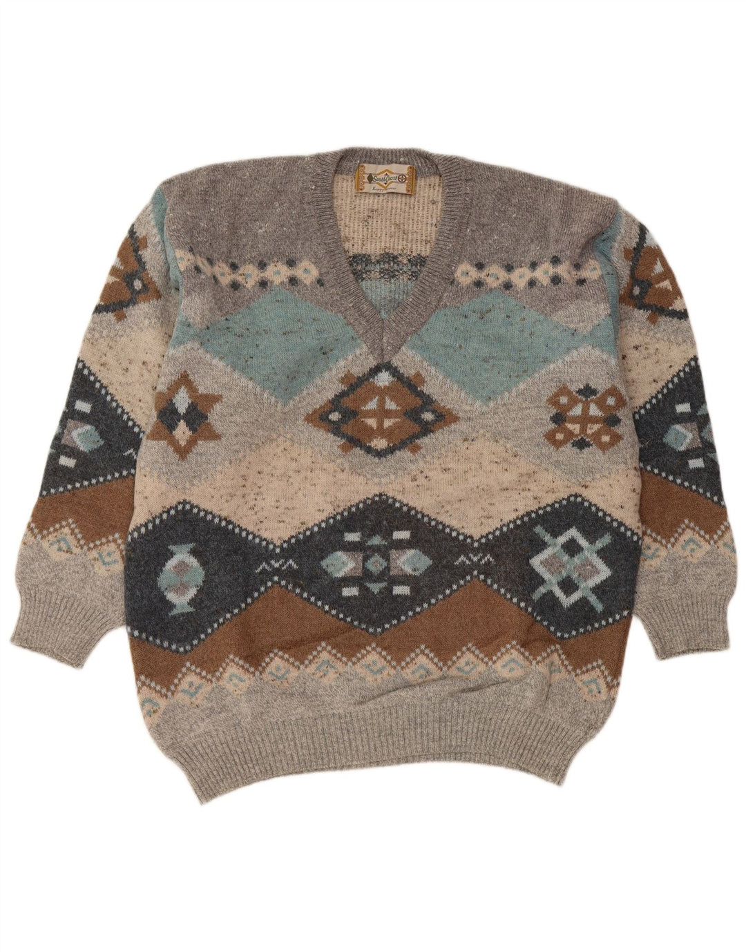 SOUTH COAST Maglione da uomo con scollo a V IT 54 XL Lana Fair Isle grigia