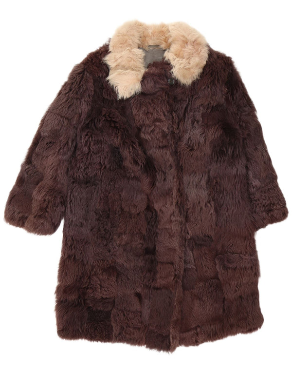 Vintage Womens Faux Fur Overcoat UK 14 Medium Brown Colourblock