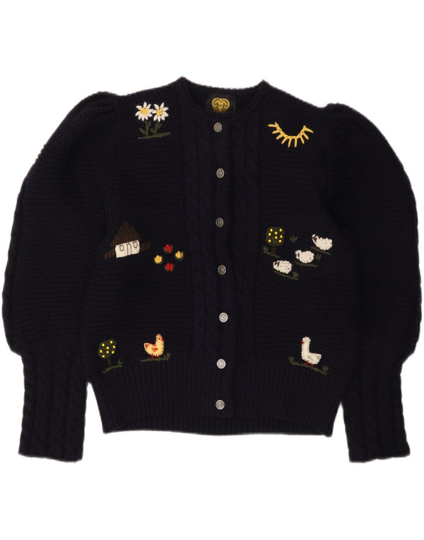 LANAMODEN Womens Graphic Cardigan Sweater UK 16 Large Navy Blue New Wool