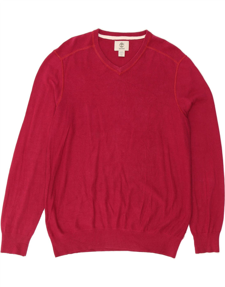 TIMBERLAND Mens Regular Fit V-Neck Jumper Sweater Medium Red Cotton Vintage Timberland and Second-Hand Timberland from Messina Hembry 