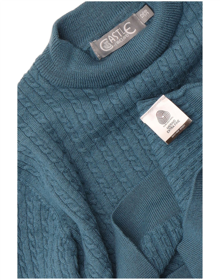 Maglione maglione a collo alto corto da donna Castle UK 12 Lana merino blu medio