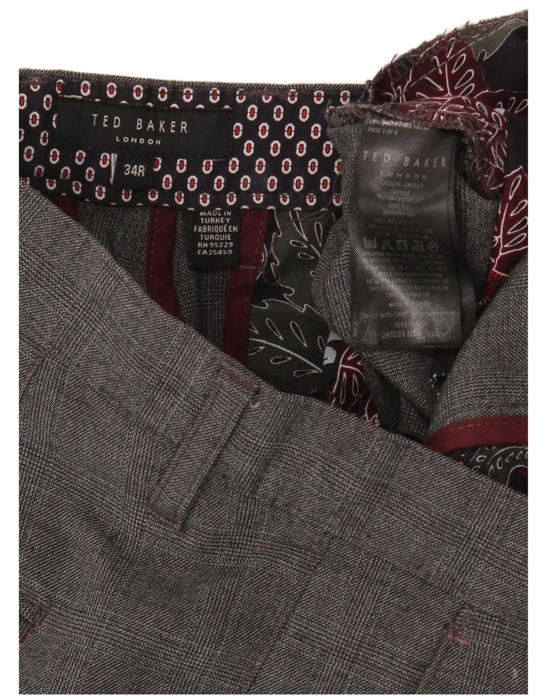 Pantaloni da abito slim da uomo TED BAKER W34 L32 Poliestere a quadri grigi