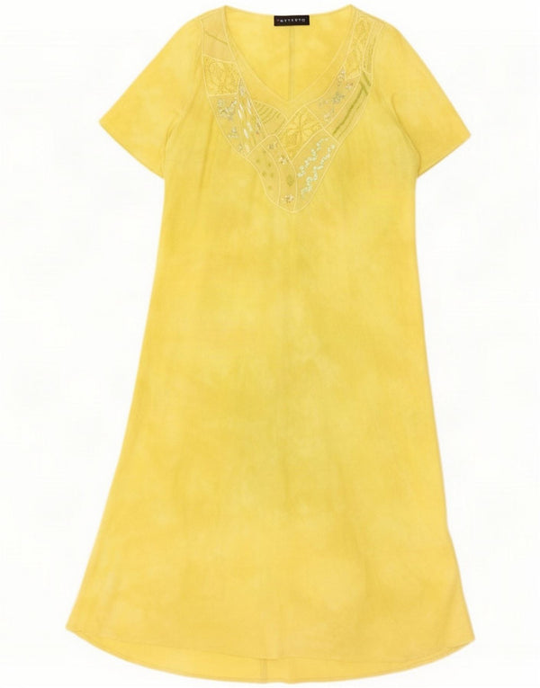 Vestito lungo da donna vintage UK 16 grande lino floreale giallo