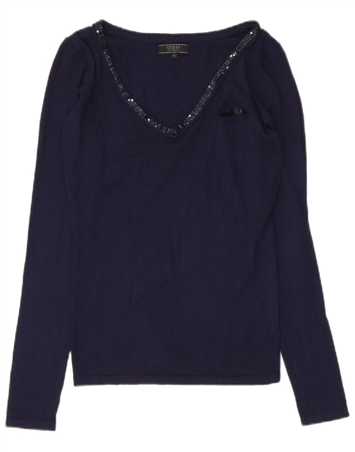 Guess Top da donna a maniche lunghe UK 10 Small Blu Navy in viscosa