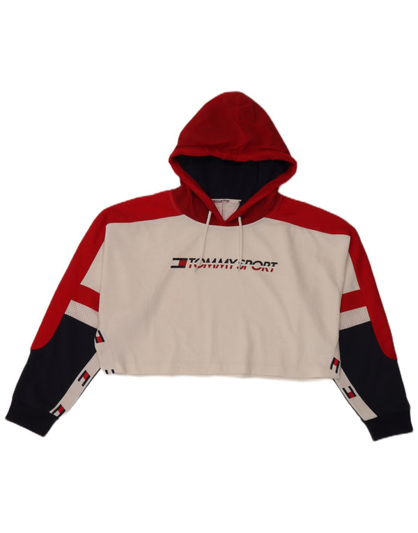 Maglione con cappuccio grafico corto da donna Tommy Hilfiger UK 16 grande bianco