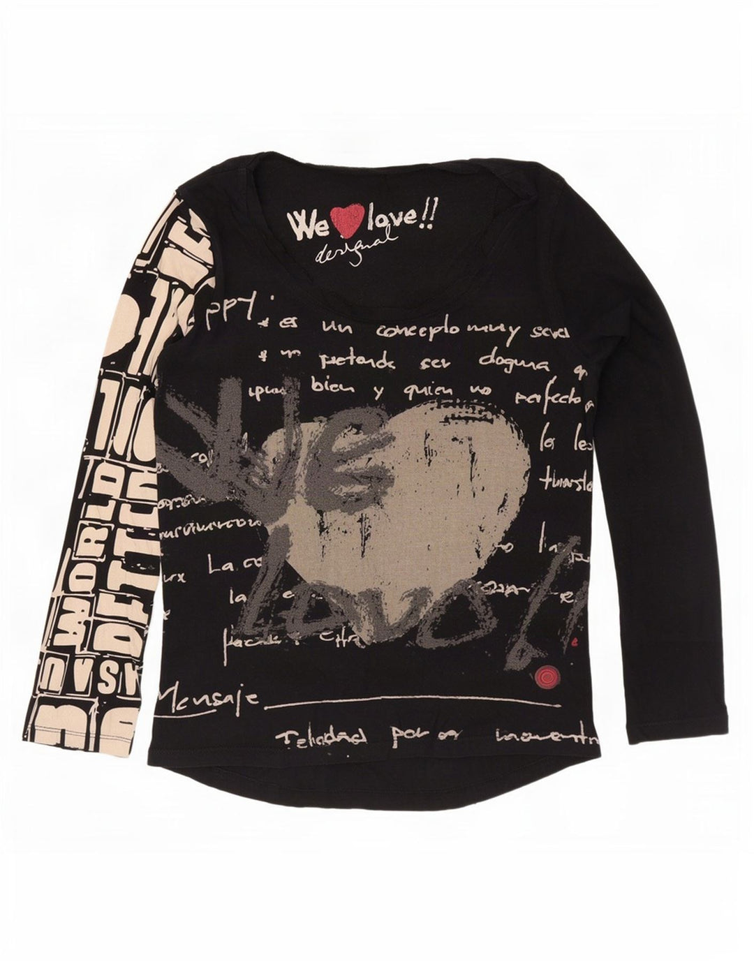 Desigual Donna Graphic Top Manica Lunga UK 12 Medio Nero Cotone