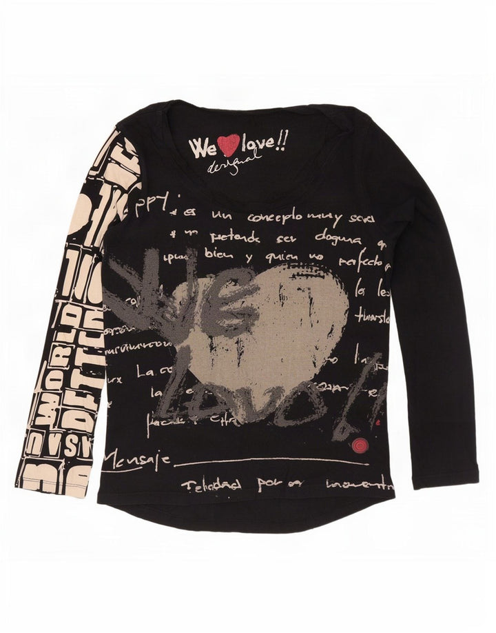 Desigual Donna Graphic Top Manica Lunga UK 12 Medio Nero Cotone
