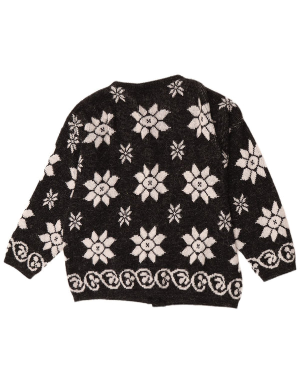 Maglione cardigan da donna vintage UK 16 grande floreale nero
