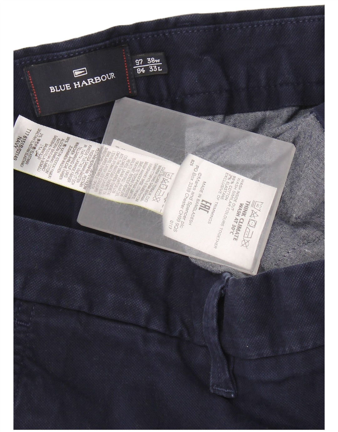 Pantaloni chino da uomo Marks & Spencer Blue Harbour W38 L33 cotone blu navy