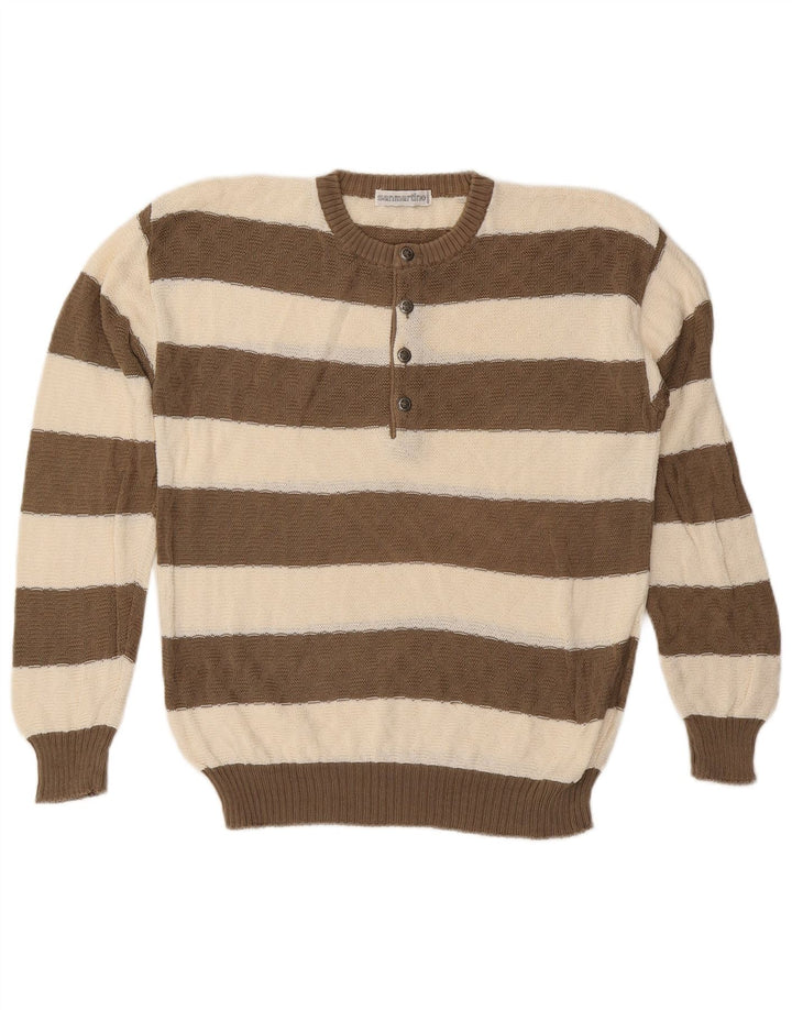 Maglione vintage da donna con collo a bottoni IT 50 Cotone a righe marrone medio