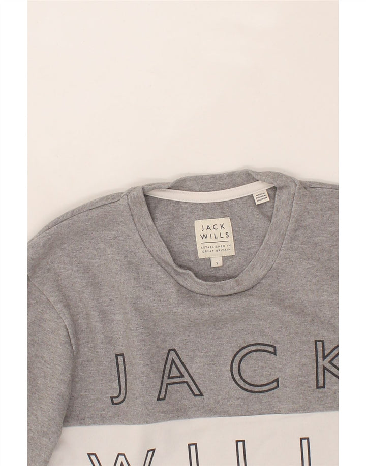 JACK WILLS Mens Graphic Sweatshirt Jumper Small Grey Colourblock Cotton Vintage Jack Wills and Second-Hand Jack Wills from Messina Hembry 