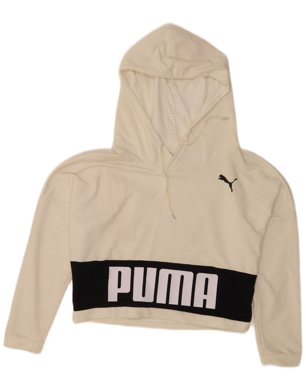 Felpa con cappuccio grafica corta da donna Puma UK 10 Small White Colourblock