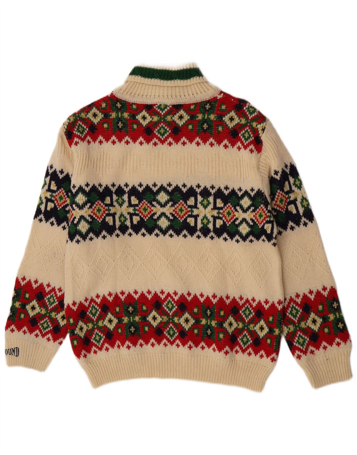 Maglione maglione collo alto Foxhound per ragazzi 15-16 anni in lana Fair Isle bianco sporco