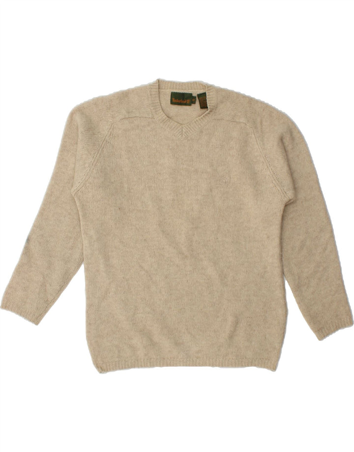 TIMBERLAND Womens V-Neck Jumper Sweater UK 10 Small Beige Lambswool Vintage Timberland and Second-Hand Timberland from Messina Hembry 