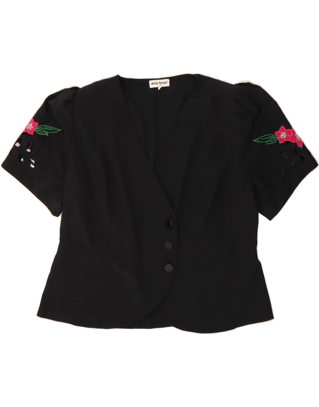 DELIA FERRARI Womens 3 Button Blazer Jacket IT 47 Large Black Floral Vintage Delia Ferrari and Second-Hand Delia Ferrari from Messina Hembry 