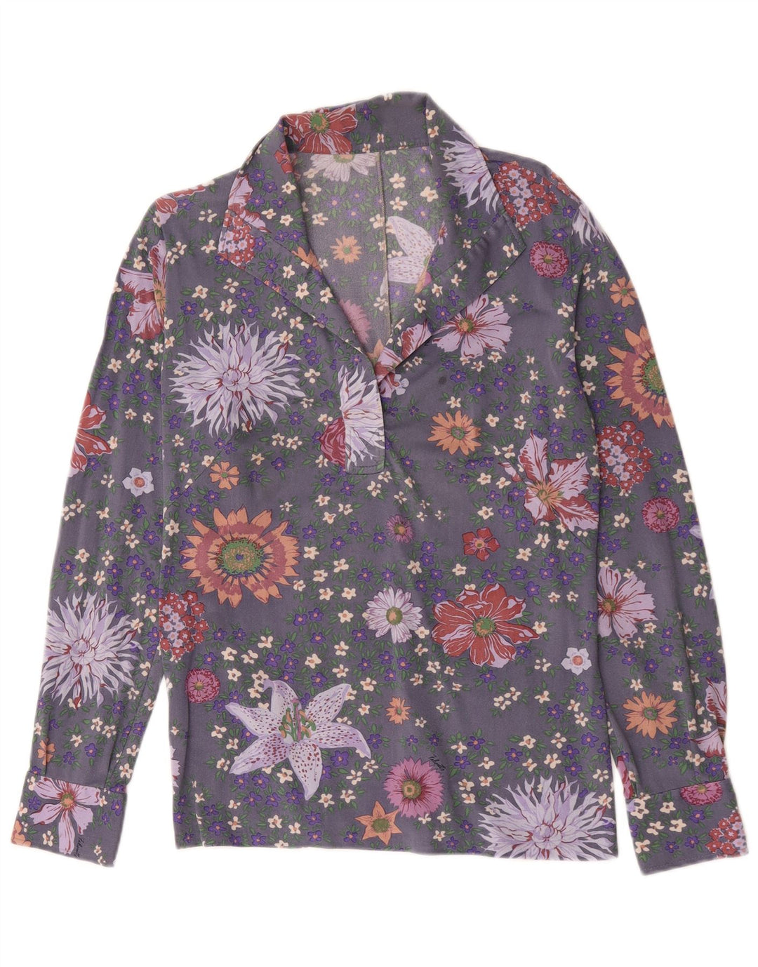 Camicia pullover a maniche lunghe da donna vintage UK 14 grigio medio floreale