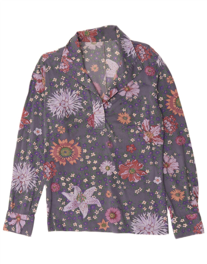 Camicia pullover a maniche lunghe da donna vintage UK 14 grigio medio floreale