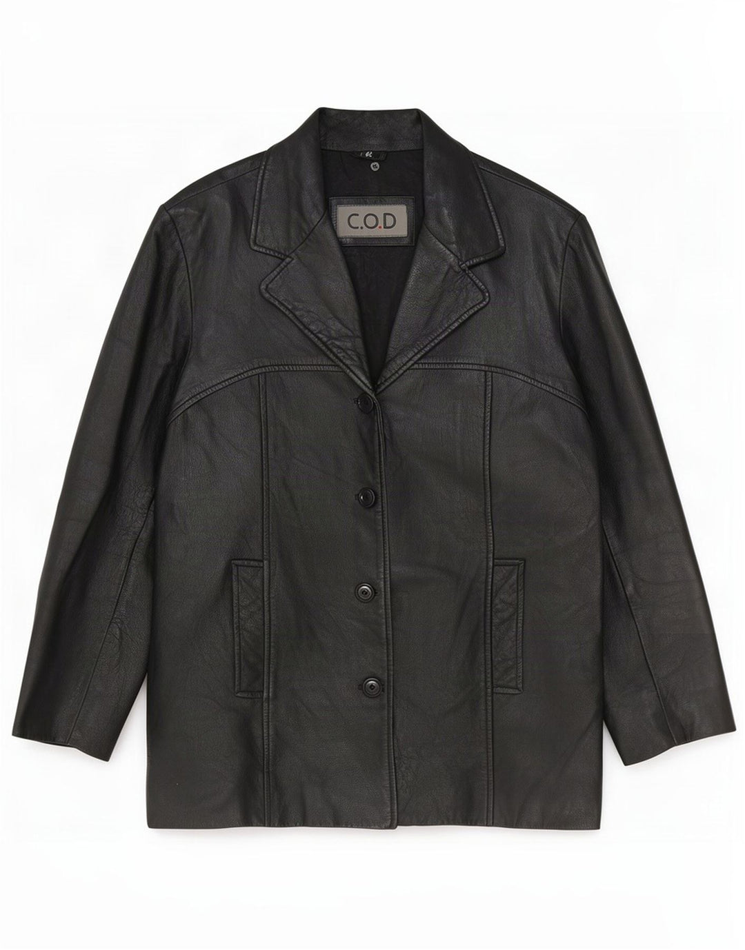 Giacca blazer in pelle vintage da donna a 4 bottoni EU 42 grande nera