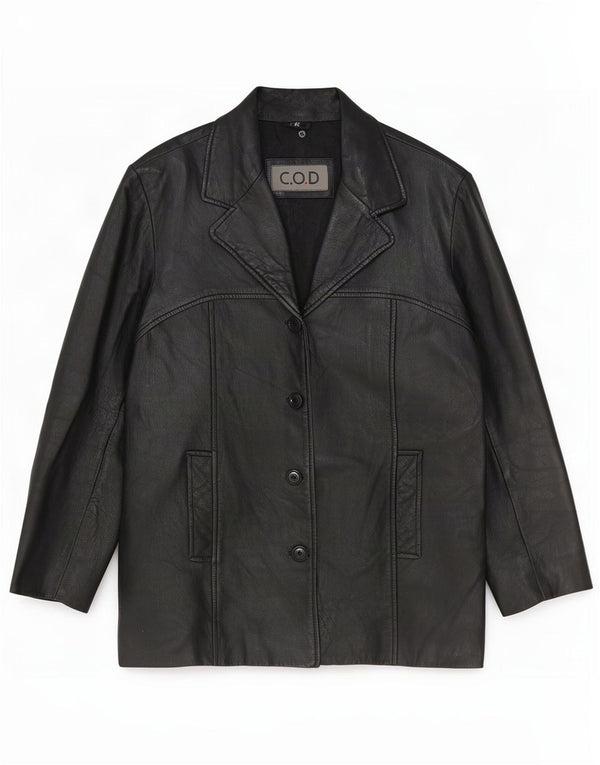 Giacca blazer in pelle vintage da donna a 4 bottoni EU 42 grande nera