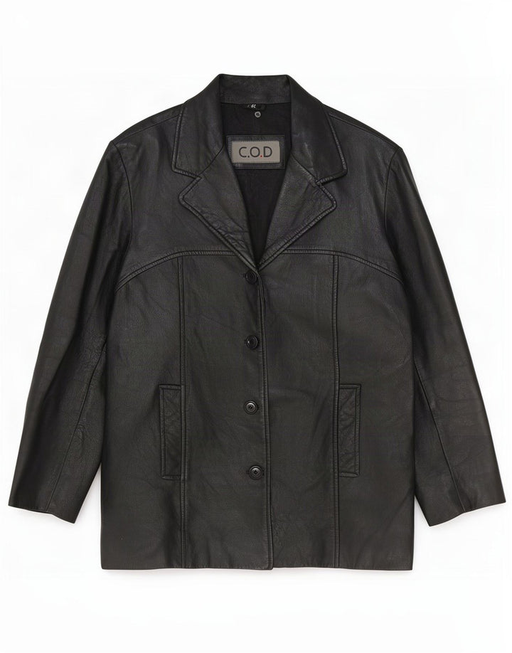 Giacca blazer in pelle vintage da donna a 4 bottoni EU 42 grande nera