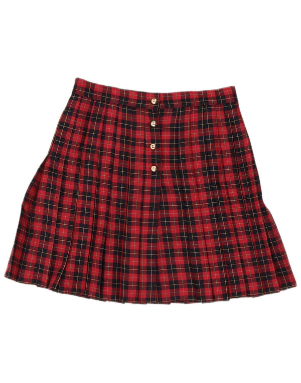 Mini gonna a pieghe a vita alta da donna vintage IT46 grande W28 in lana a quadri rossi