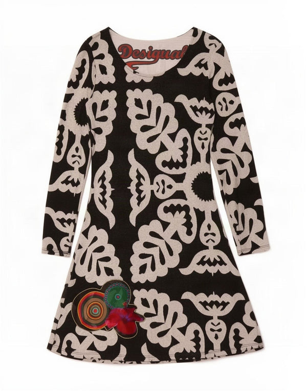 Desigual Abito da donna a maniche lunghe a linea A UK 10 Piccolo poliestere floreale nero