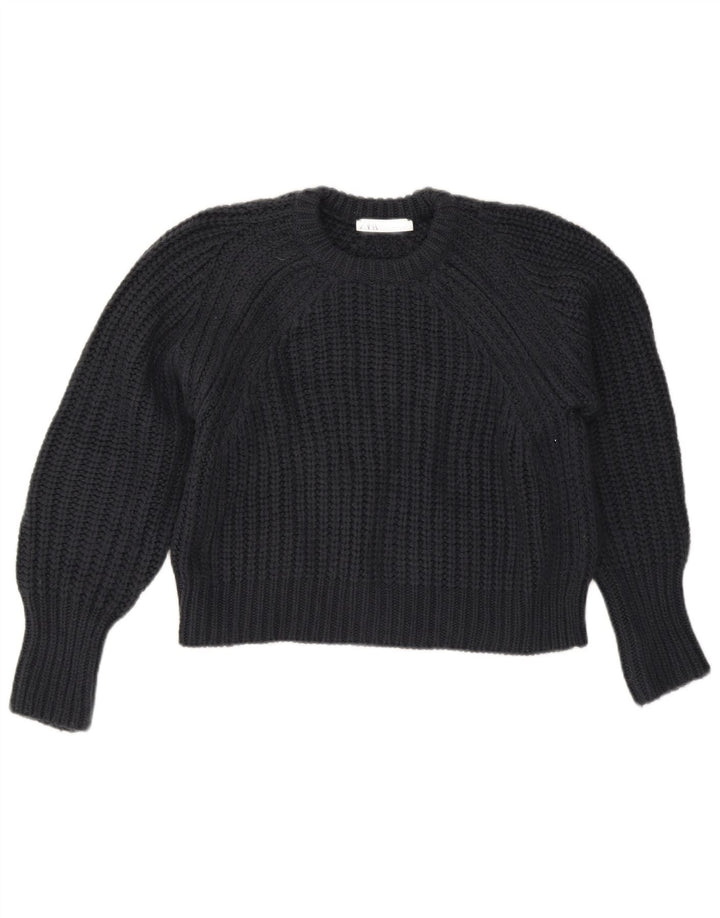ZARA Womens Crop Oversized Crew Neck Jumper Sweater UK 10 Small Navy Blue