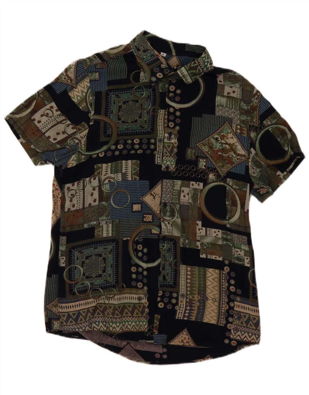 Camicia a maniche corte da uomo VINTAGE in viscosa patchwork nera media