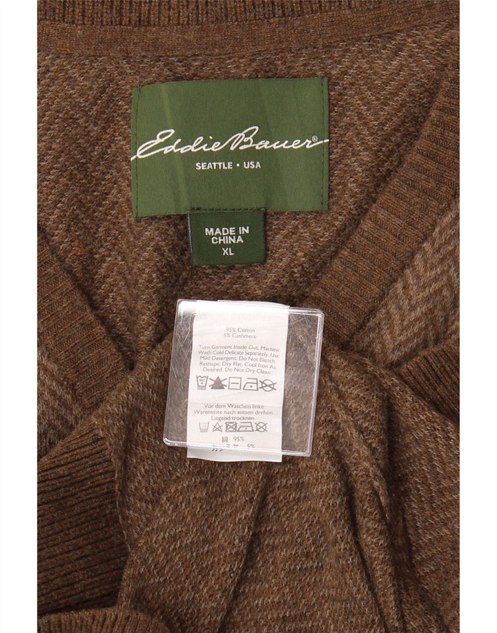 EDDIE BAUER Mens V-Neck Jumper Sweater XL Brown Herringbone Cotton Vintage Eddie Bauer and Second-Hand Eddie Bauer from Messina Hembry 