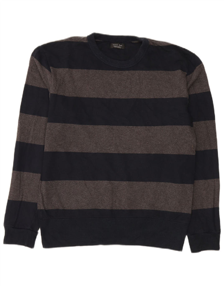 Maglione maglione girocollo da uomo Zara XL in cotone a righe blu navy