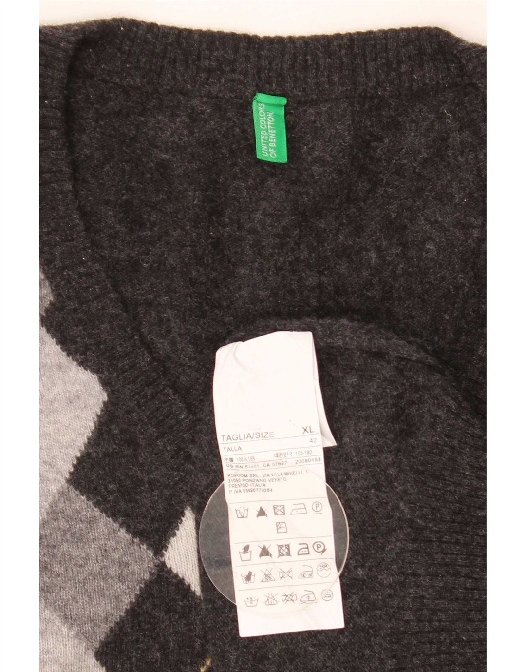 Maglione da uomo con scollo a V Benetton XL grigio a rombi/lana diamante