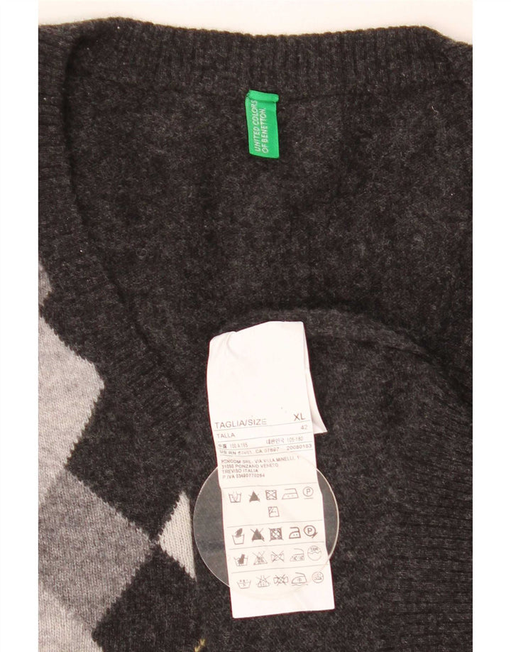 Maglione da uomo con scollo a V Benetton XL grigio a rombi/lana diamante