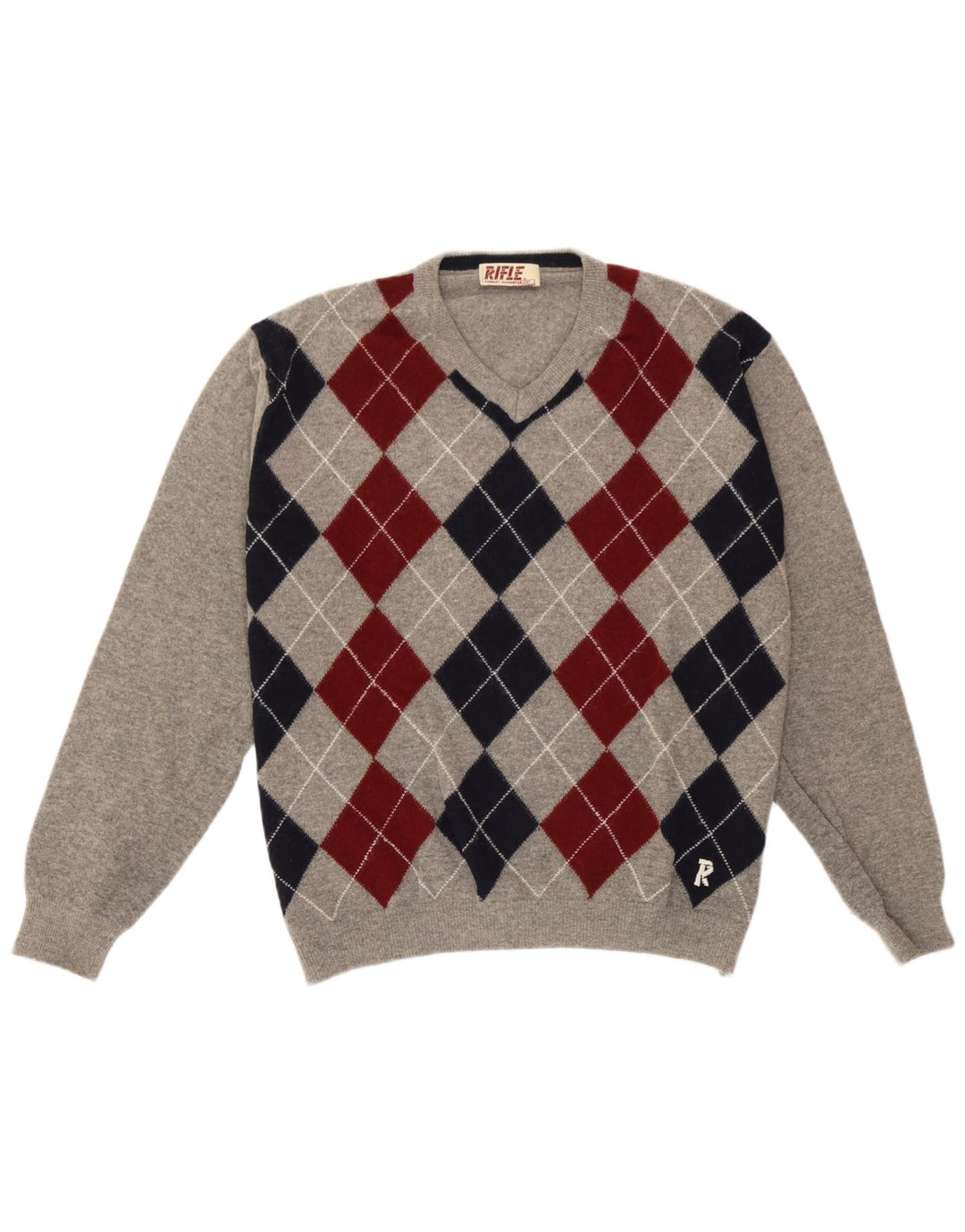 Maglione da uomo con scollo a V Rifle, grande lana grigia a rombi/diamante