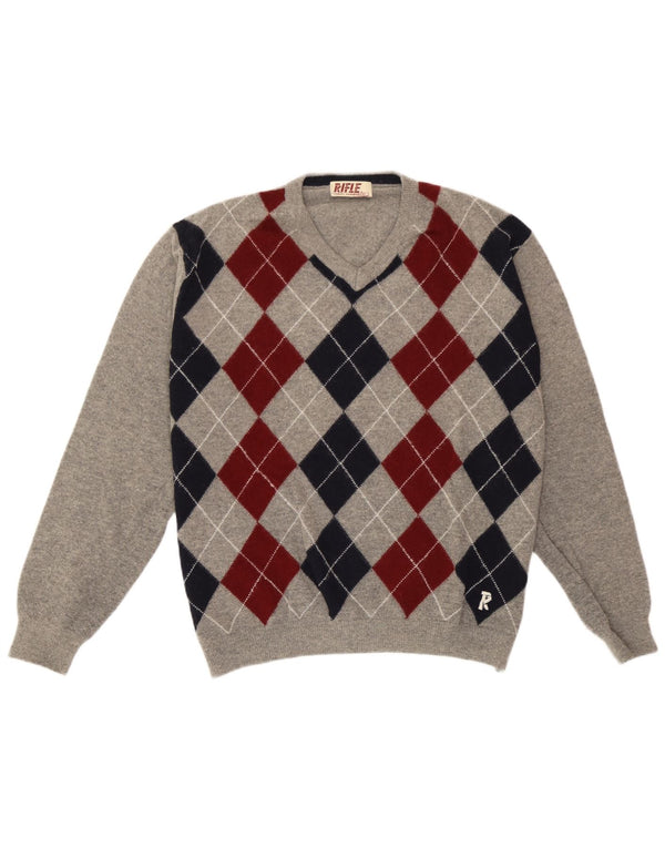 Maglione da uomo con scollo a V Rifle, grande lana grigia a rombi/diamante