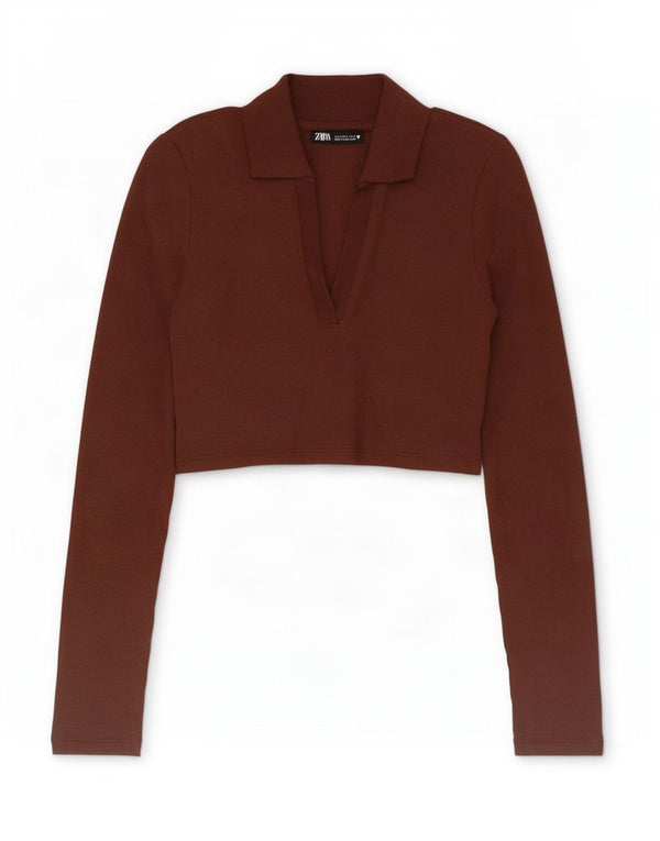Polo corta a maniche lunghe da donna Zara UK 8 piccola in cotone marrone