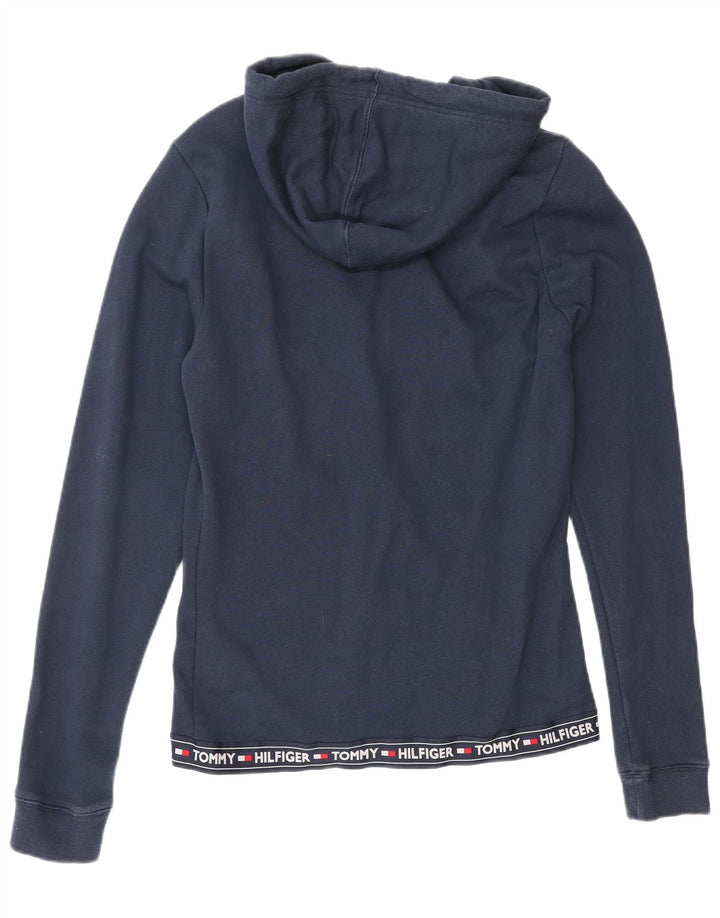 TOMMY HILFIGER Maglione con cappuccio e zip grafica da donna UK 12 Medio Blu Navy