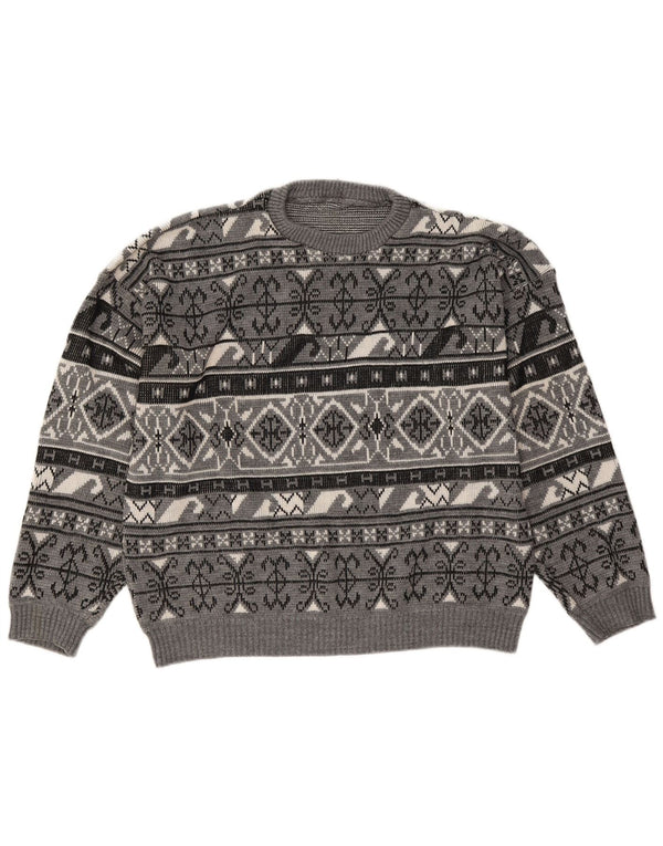 Maglione maglione girocollo vintage da uomo grande grigio Fair Isle