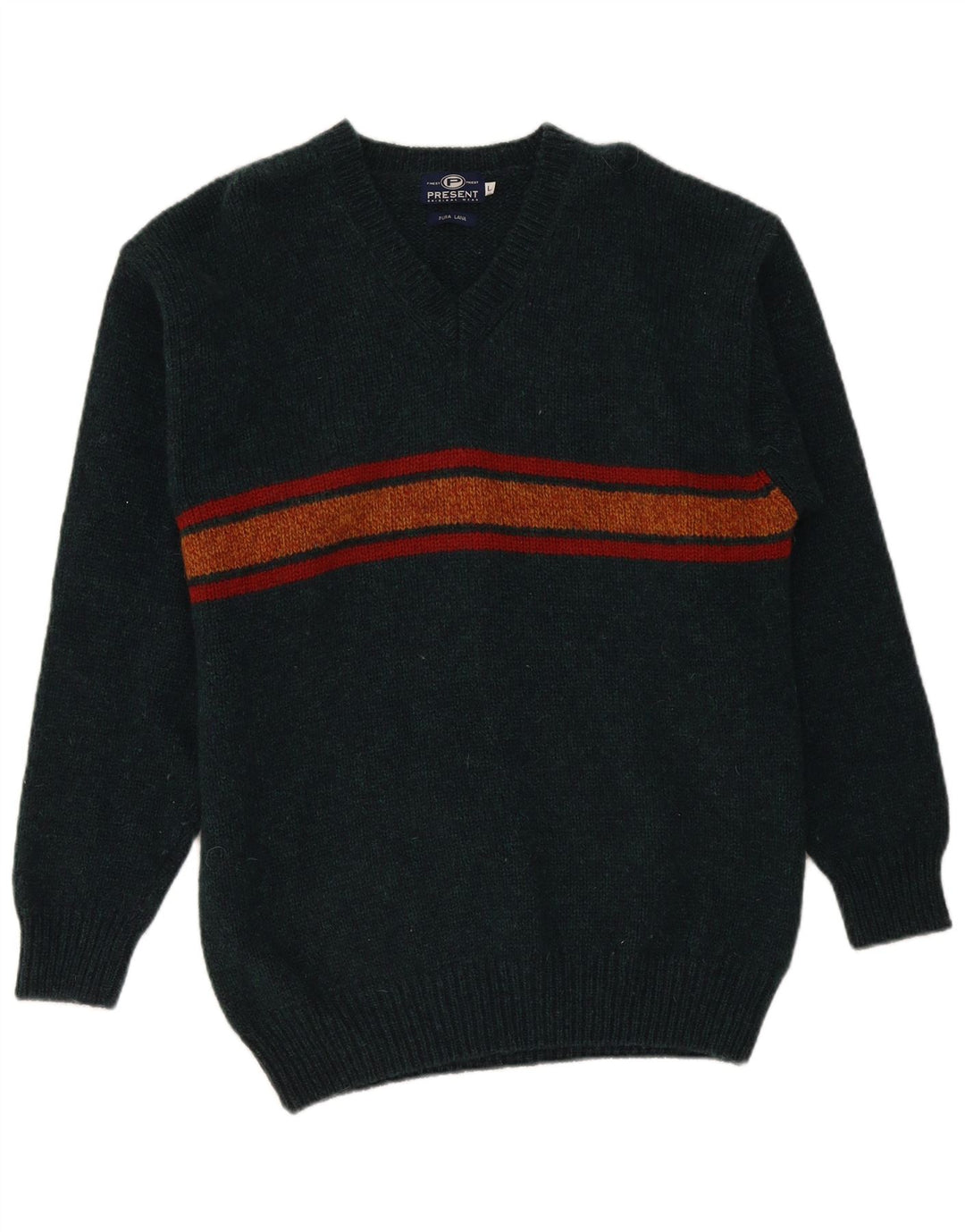 Maglione vintage da uomo con scollo a V, lana a righe verdi grandi