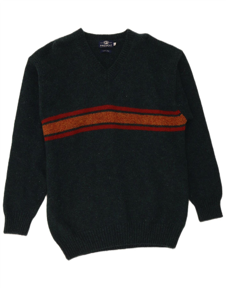 Maglione vintage da uomo con scollo a V, lana a righe verdi grandi