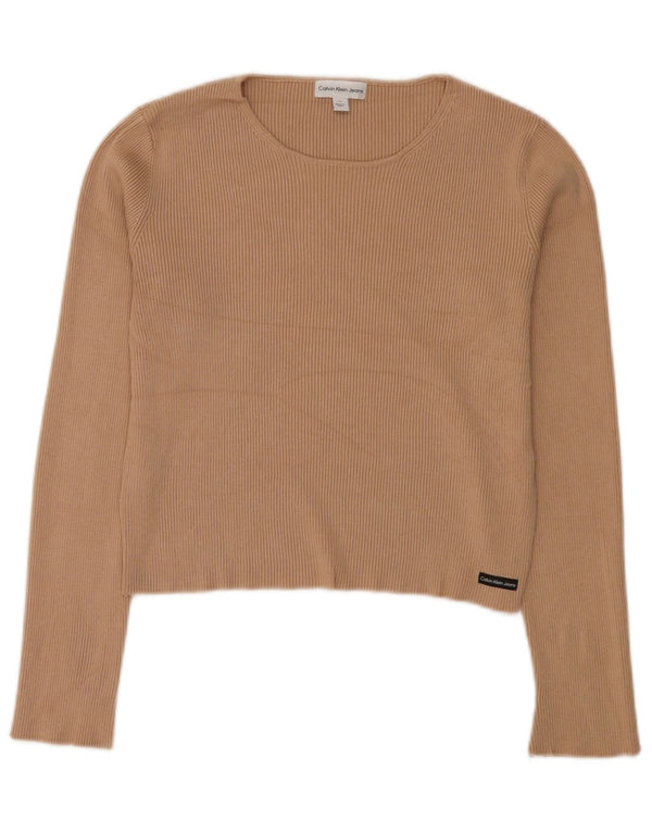 Calvin Klein Jeans da donna Crop Top manica lunga UK 14 Large Marrone Rayon