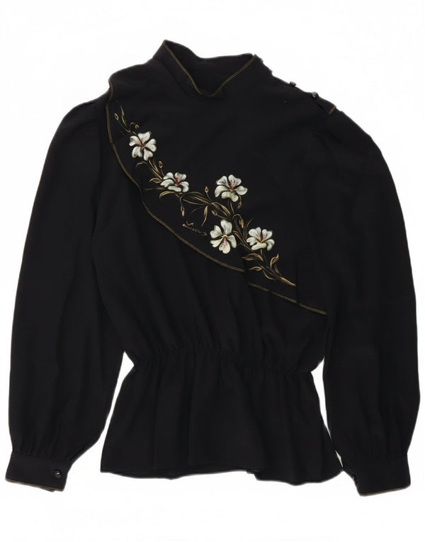 Top camicetta a maniche lunghe da donna vintage UK 14 medio blu navy floreale