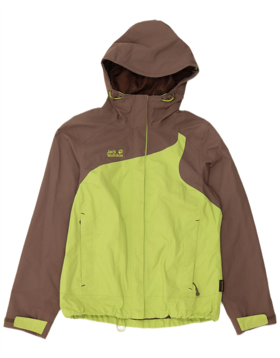 JACK WOLFSKIN Giacca antipioggia con cappuccio da donna UK 12/14 Verde medio Colorblock