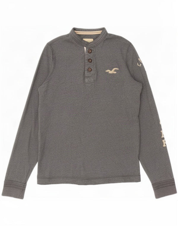 Polo Hollister da uomo a maniche lunghe con grafica in cotone grigio medio