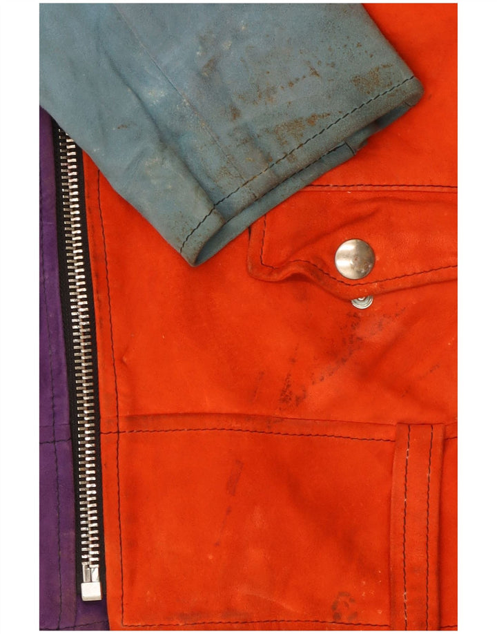 Giacca da motociclista vintage in pelle scamosciata da donna UK 16 grande blocco di colore multicolore